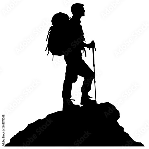 Lone hiker Ascending Treacherous Peak in Misty Wilderness