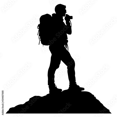 Lone hiker Ascending Treacherous Peak in Misty Wilderness