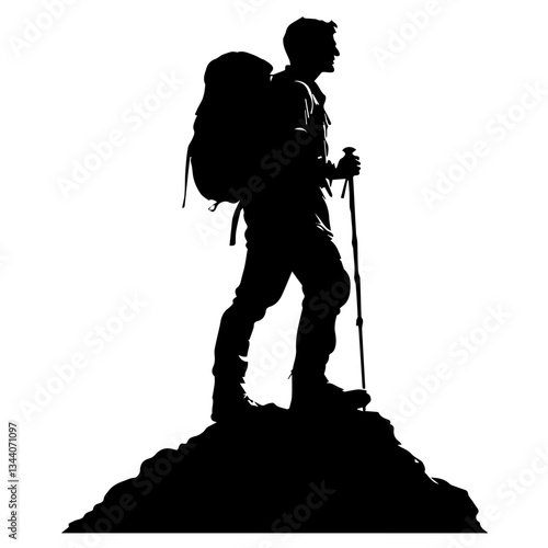 Lone hiker Ascending Treacherous Peak in Misty Wilderness