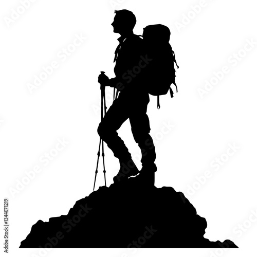 Lone hiker Ascending Treacherous Peak in Misty Wilderness