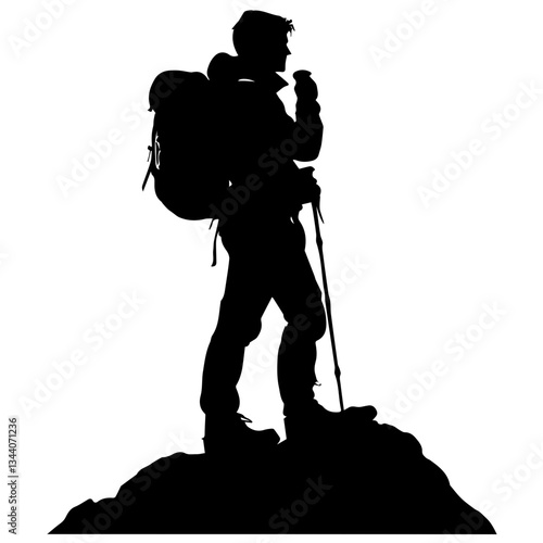 Lone hiker Ascending Treacherous Peak in Misty Wilderness