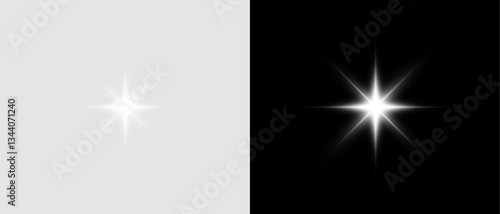 Yellow star flashed with sparkles sun isolated on white background. Soft glow without departing rays, sunlight with lens flare effect. PNG vector light effect
