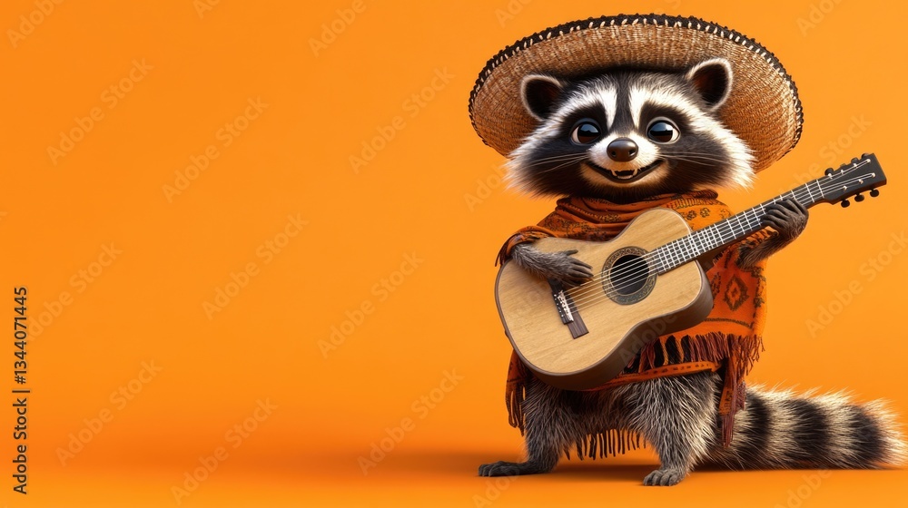 Adorable raccoon in sombrero playing guitar on orange background. Cinco de Mayo, Battle of Puebla Day, Mexican Heritage Festival - Latin American Cultural Celebration Adorable raccoon in sombrero playing guitar on orange background. Cinco de Mayo, Battle of Puebla Day, Mexican Heritage Festival - Latin American Cultural Celebration