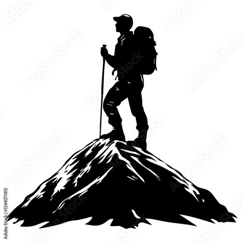 Lone hiker Ascending Treacherous Peak in Misty Wilderness