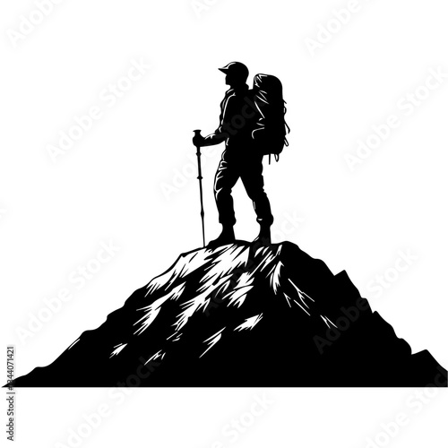 Lone hiker Ascending Treacherous Peak in Misty Wilderness