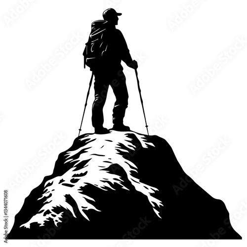 Lone hiker Ascending Treacherous Peak in Misty Wilderness