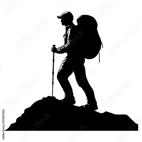 Lone hiker Ascending Treacherous Peak in Misty Wilderness