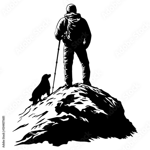 Lone hiker Ascending Treacherous Peak in Misty Wilderness
