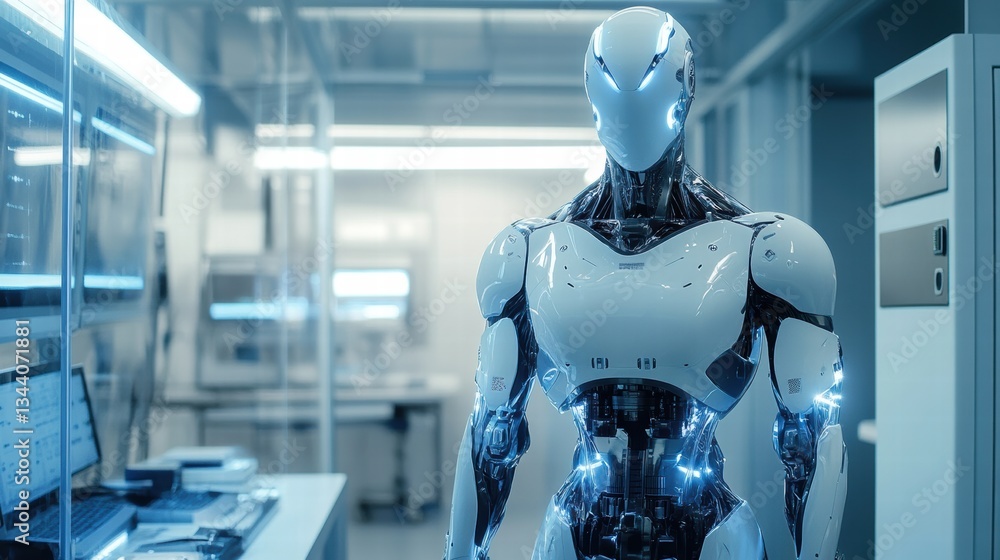 Humanoid AI Standing in High-Tech Laboratory Illustration Blue Background Humanoid AI Standing in High-Tech Laboratory Illustration Blue Background
