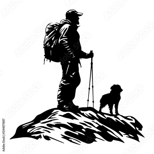 Lone hiker Ascending Treacherous Peak in Misty Wilderness