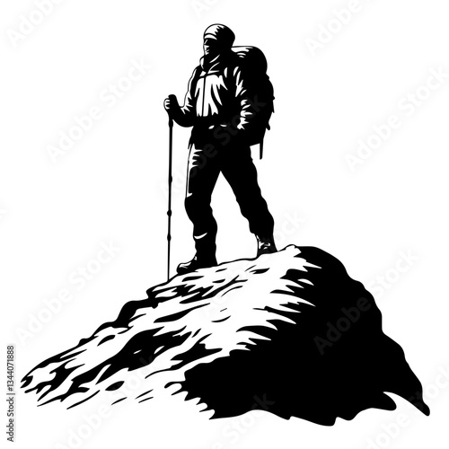 Lone hiker Ascending Treacherous Peak in Misty Wilderness