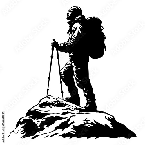 Lone hiker Ascending Treacherous Peak in Misty Wilderness