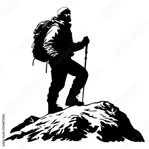 Lone hiker Ascending Treacherous Peak in Misty Wilderness