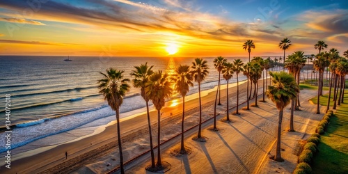 Long Beach California Aerial View: Palm Trees & Ocean, Summer 2023