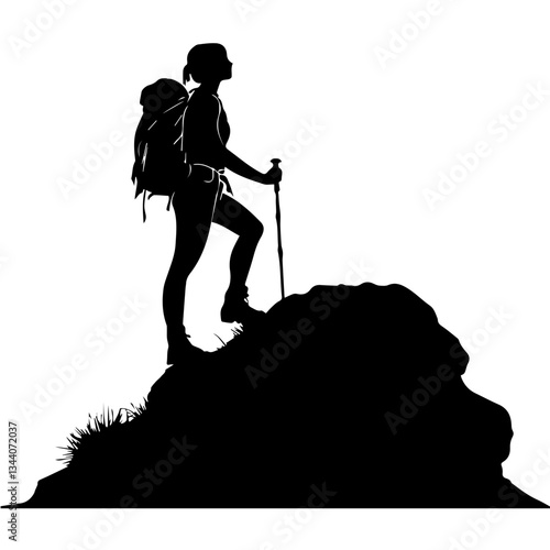 Lone hiker Ascending Treacherous Peak in Misty Wilderness