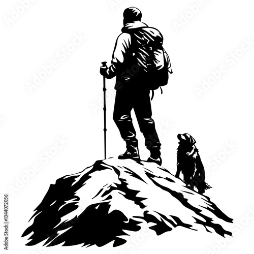 Lone hiker Ascending Treacherous Peak in Misty Wilderness