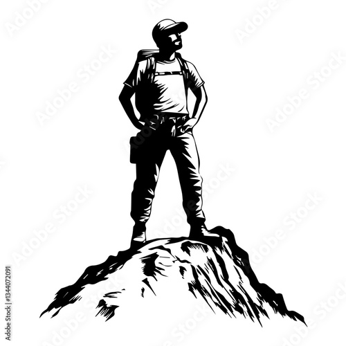 Lone hiker Ascending Treacherous Peak in Misty Wilderness