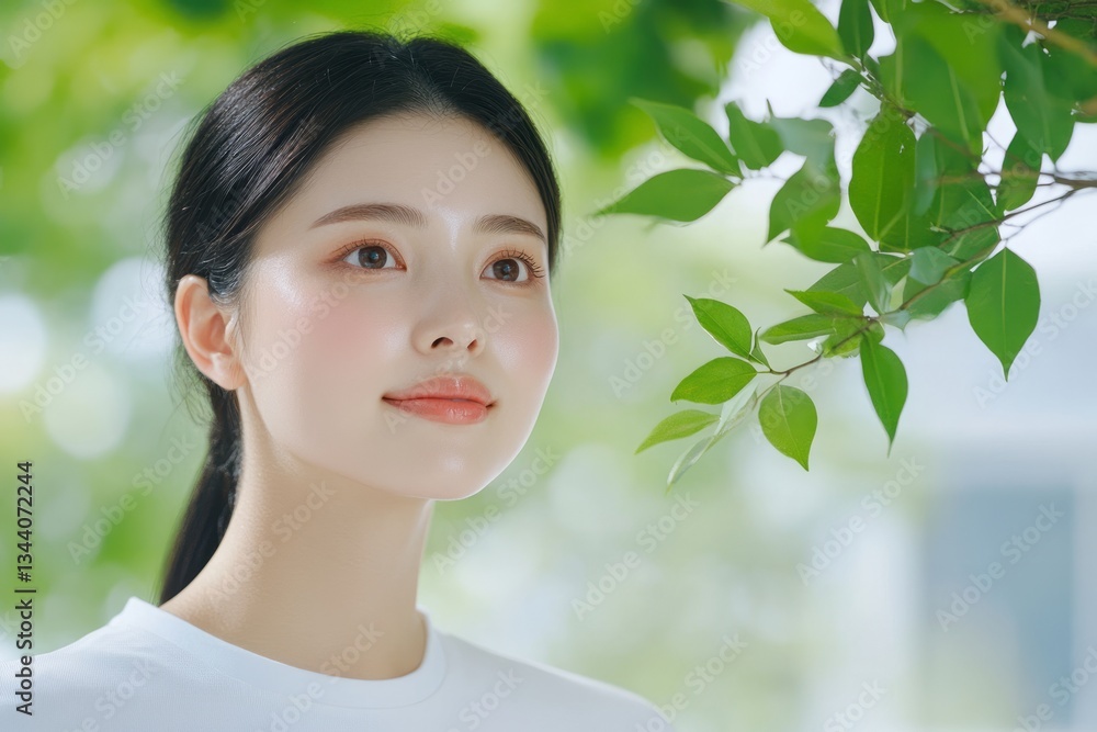 Young woman with dark hair and green leaves framing face Young woman with dark hair and green leaves framing face