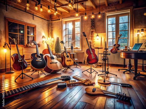 Long Exposure: Artistic Home Music Studio - Guitars, Pedals & Sheet Music photo