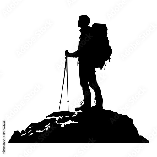 Lone hiker Ascending Treacherous Peak in Misty Wilderness