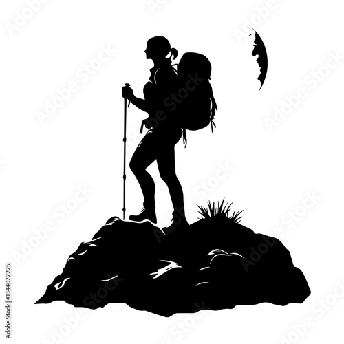 Lone hiker Ascending Treacherous Peak in Misty Wilderness