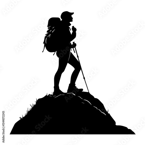 Lone hiker Ascending Treacherous Peak in Misty Wilderness