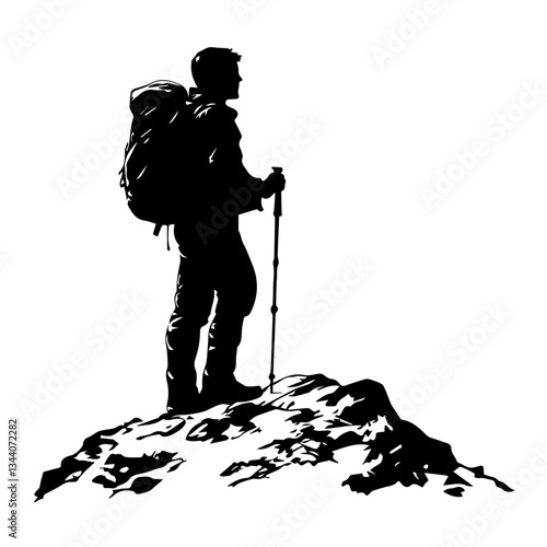 Lone hiker Ascending Treacherous Peak in Misty Wilderness