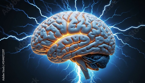 Illustration numérique cerveau humain avec activité électrique et éclairs lumineux sur fond bleu. Intelligence réflexion business médecine.