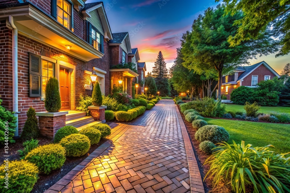 Fototapeta premium Long Exposure: Charming Brick Sidewalk Enhancing Home Curb Appeal