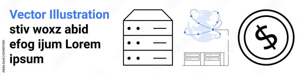 Modern server stack, interconnected global network, and dollar sign icon highlighting technology, finance, data storage, and connectivity. Ideal for IT, banking, global trade server management tech Modern server stack, interconnected global network, and dollar sign icon highlighting technology, finance, data storage, and connectivity. Ideal for IT, banking, global trade server management tech
