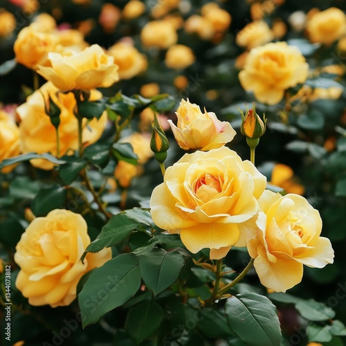 yellow roses blooming and lush leaves