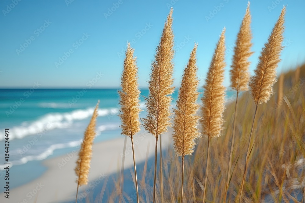 Fototapeta premium Beach dune grasses swaying, ocean background, coastal serenity, summer vacation postcard