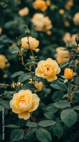 yellow roses blooming and lush leaves