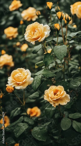 yellow roses blooming and lush leaves