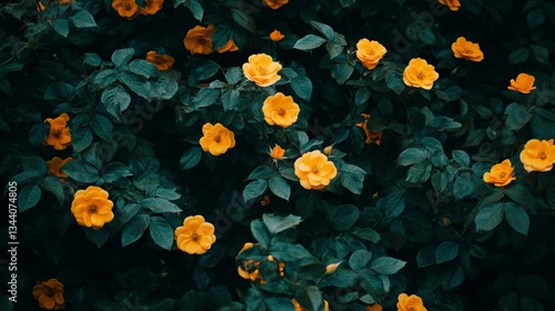 yellow roses blooming and lush leaves