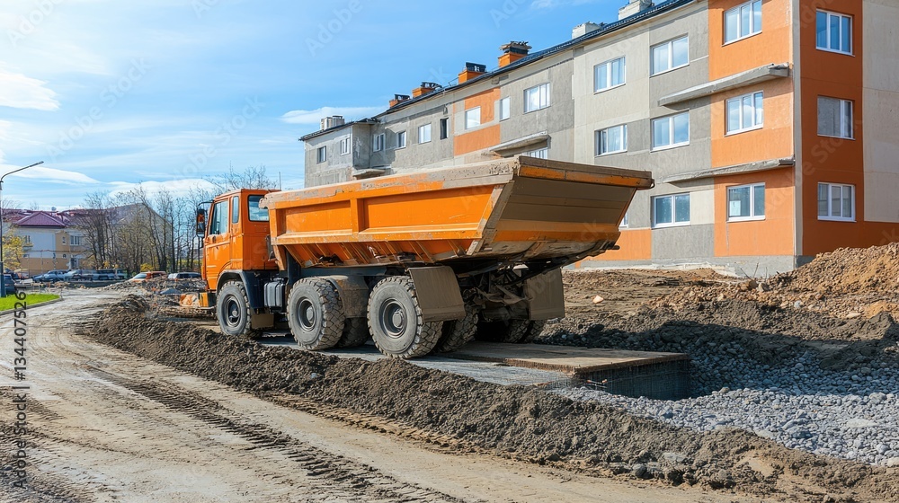A construction crane lowering a heavy load onto a foundation at a building site. A construction crane lowering a heavy load onto a foundation at a building site.