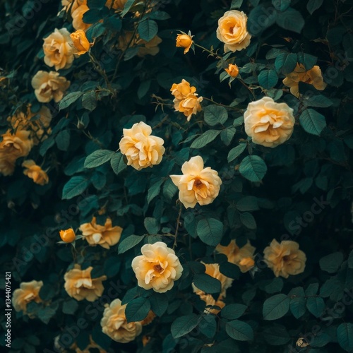 yellow roses blooming and lush leaves