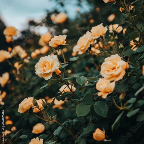 yellow roses blooming and lush leaves
