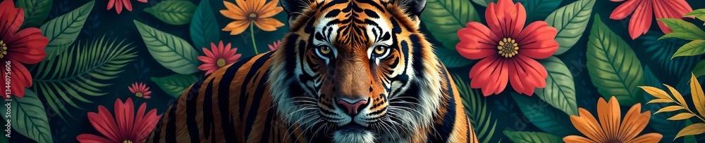 Fototapeta premium A majestic tiger surrounded by vibrant flowers and lush greenery.