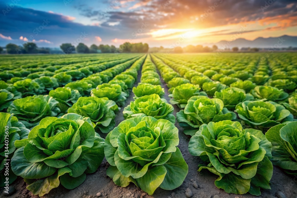 Fototapeta premium Long Exposure Photography of Crisp Lettuce, Salatfeld Eisbergsalat, Fresh Greens, Vibrant Vegetables