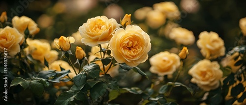 yellow roses blooming and lush leaves