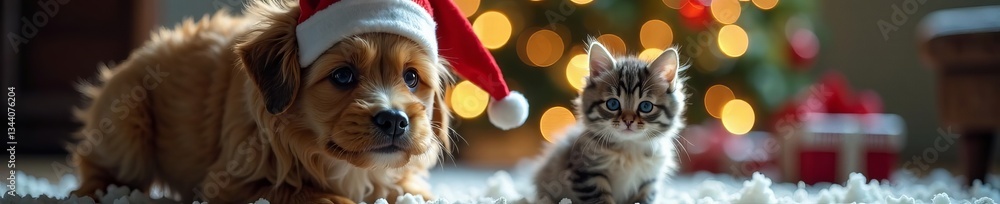 A playful kitten and puppy share a joyful moment during the festive holiday season. A playful kitten and puppy share a joyful moment during the festive holiday season.