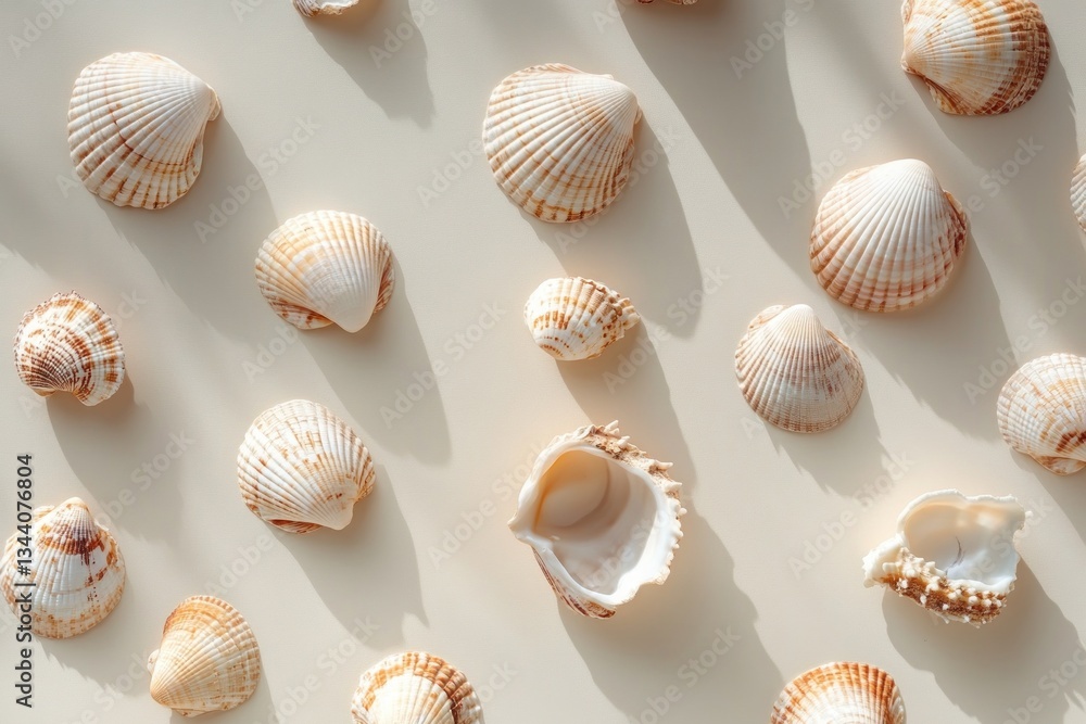 Seashells Starfish Natural Beach Summer Vacation Minimalist Beige Background Seashells Starfish Natural Beach Summer Vacation Minimalist Beige Background