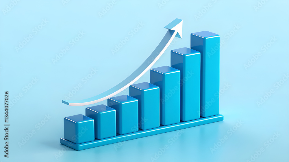 A blue bar graph with an upward trending arrow against a light blue gradient background showing growth A blue bar graph with an upward trending arrow against a light blue gradient background showing growth