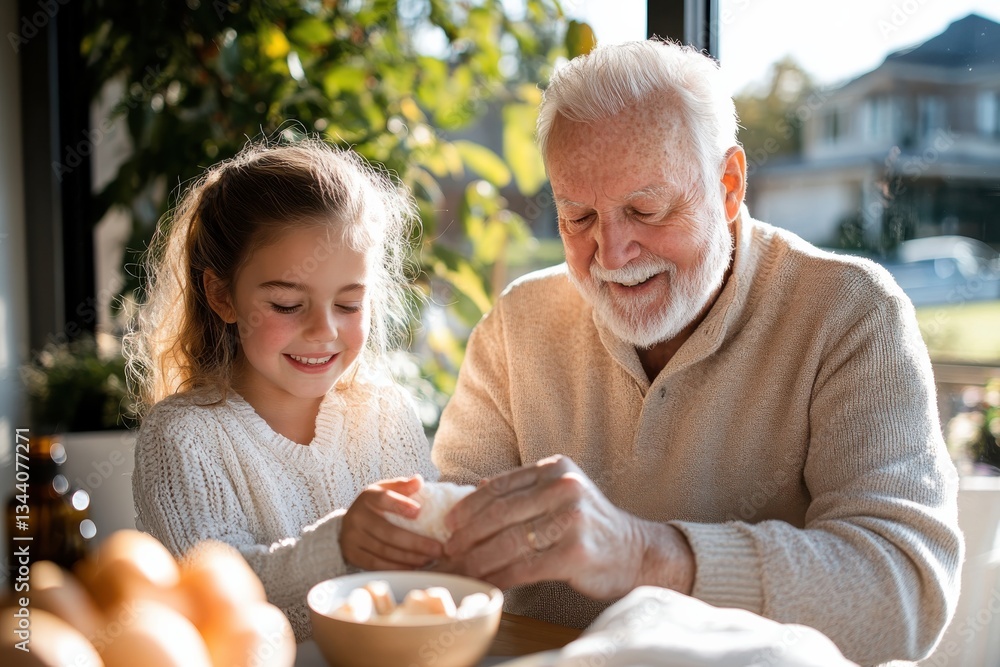 This delightful image showcases a grandfather and his granddaughter enjoying quality time together while baking, symbolizing the bonds created through shared activities. This delightful image showcases a grandfather and his granddaughter enjoying quality time together while baking, symbolizing the bonds created through shared activities.