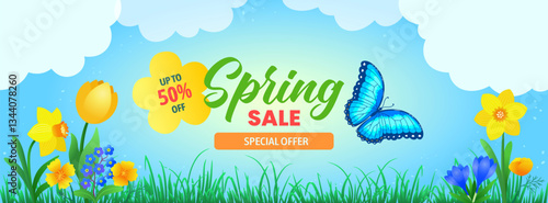 Spring sale banner with flowers, butterfly, blue sky and clouds background. Daffodils and crocuses bloom. Vector illustration. Copy space and text. Special offer ads, web header, season event promo.