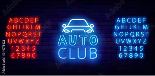 Auto club neon emblem. Motor car repair service concept. Glowing banner. Vector stock illustration
