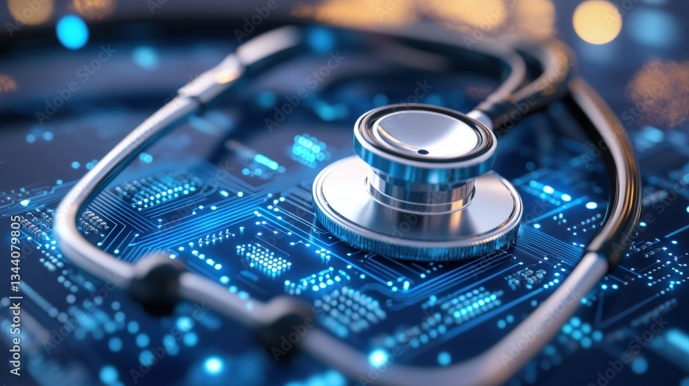 Silver stethoscope resting on glowing blue circuit board representing the integration of healthcare technology and digital innovation in medicine today Silver stethoscope resting on glowing blue circuit board representing the integration of healthcare technology and digital innovation in medicine today