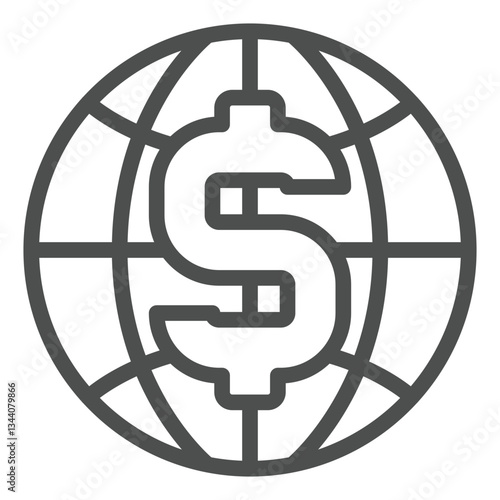 Huge dollar letter and world globe line icon, finance advice concept. Vector graphics. Worldwide planet money transfer sign on white background, outline style icon for mobile or web design.