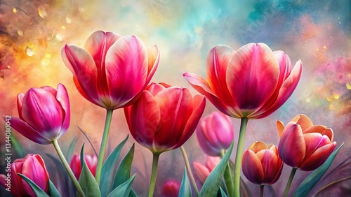 Long Exposure Watercolor Tulips: Red & Pink Floral Elegance, Artistic Splash Background